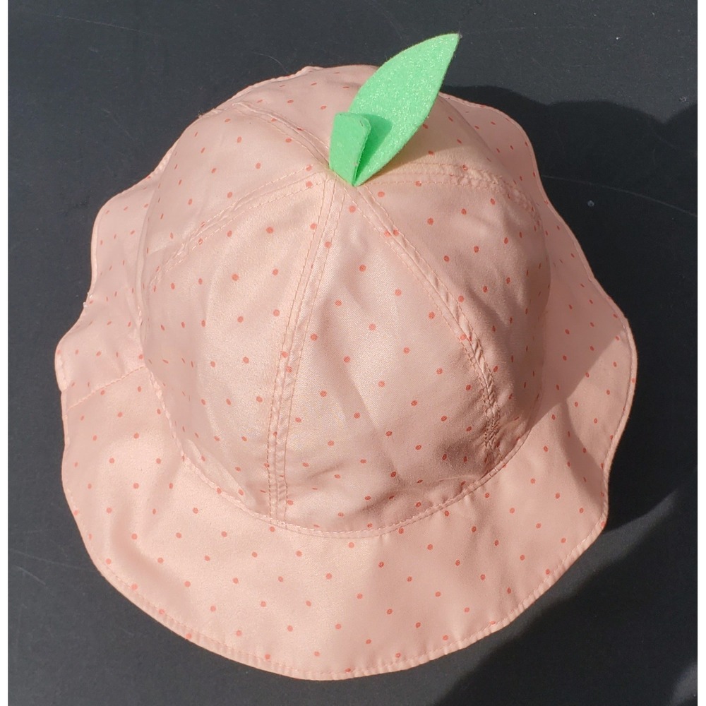 Kids Peach Polka Dot Sun Hat with Green Leaf Stem and Chin Strap